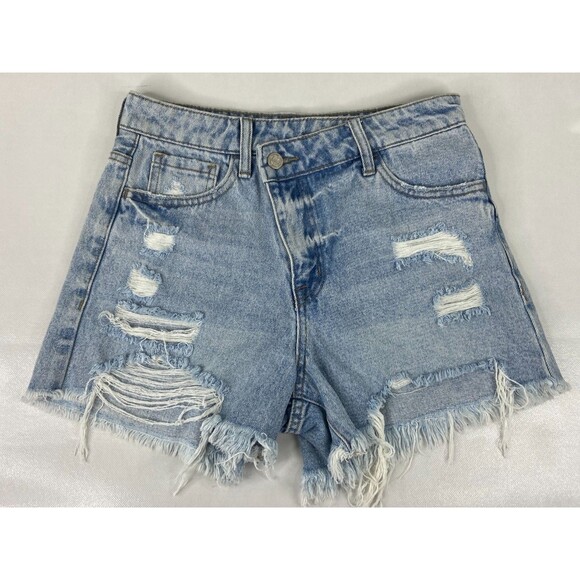 Vervet Women Small Denim Shorts Light Wash High Rise Crossover Boyfriend NWT - Picture 1 of 8
